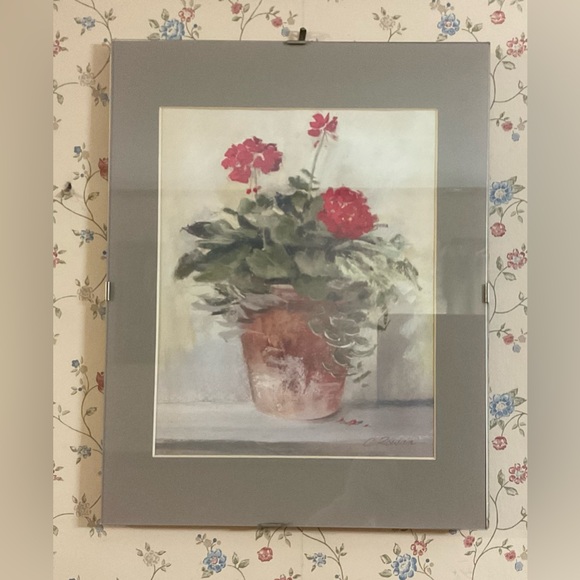 Carol Rowan: vintage matted and glass framed artwork potted red Geraniums plant. - Picture 1 of 9